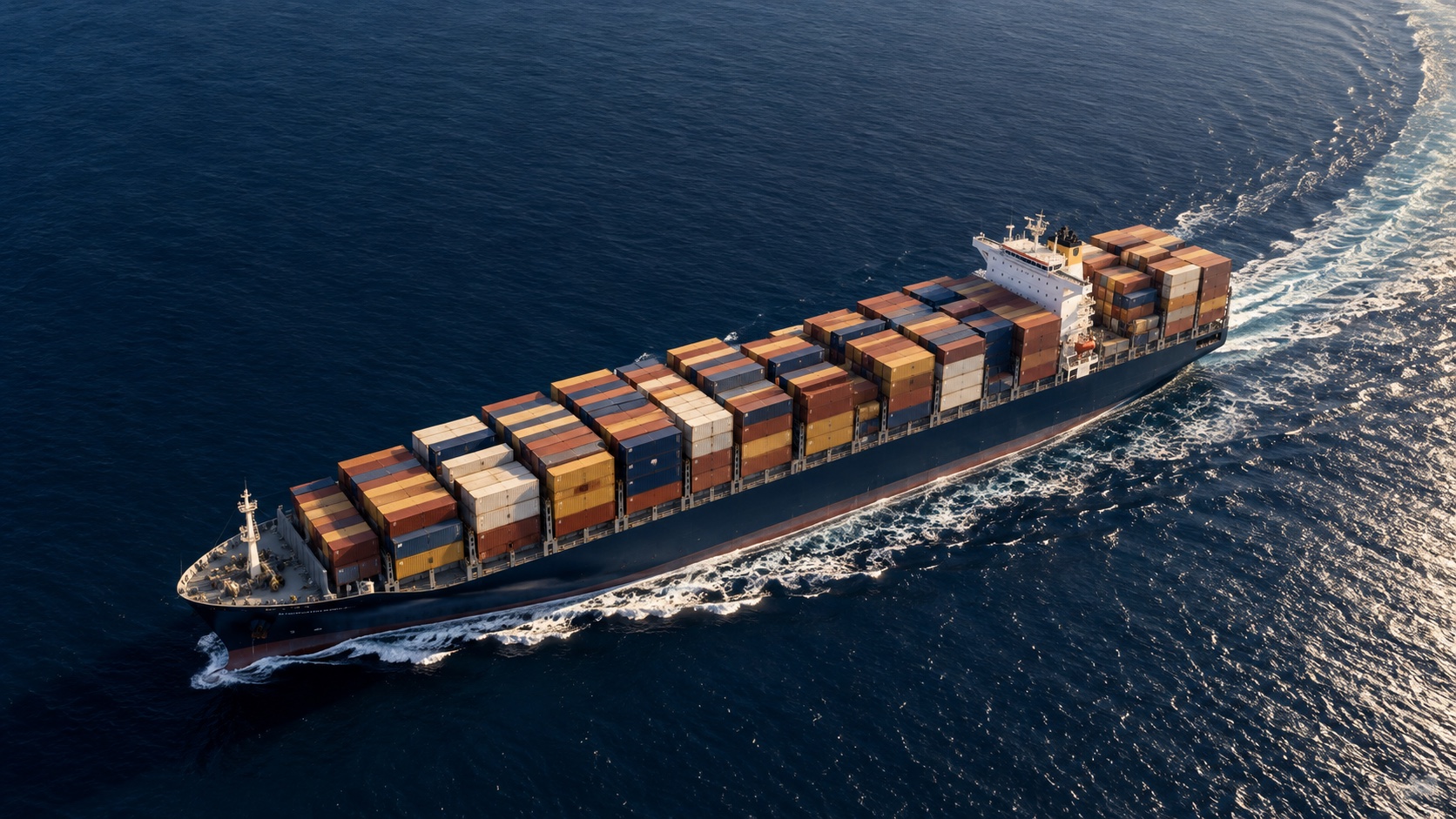 Container ship moving across deep blue ocean